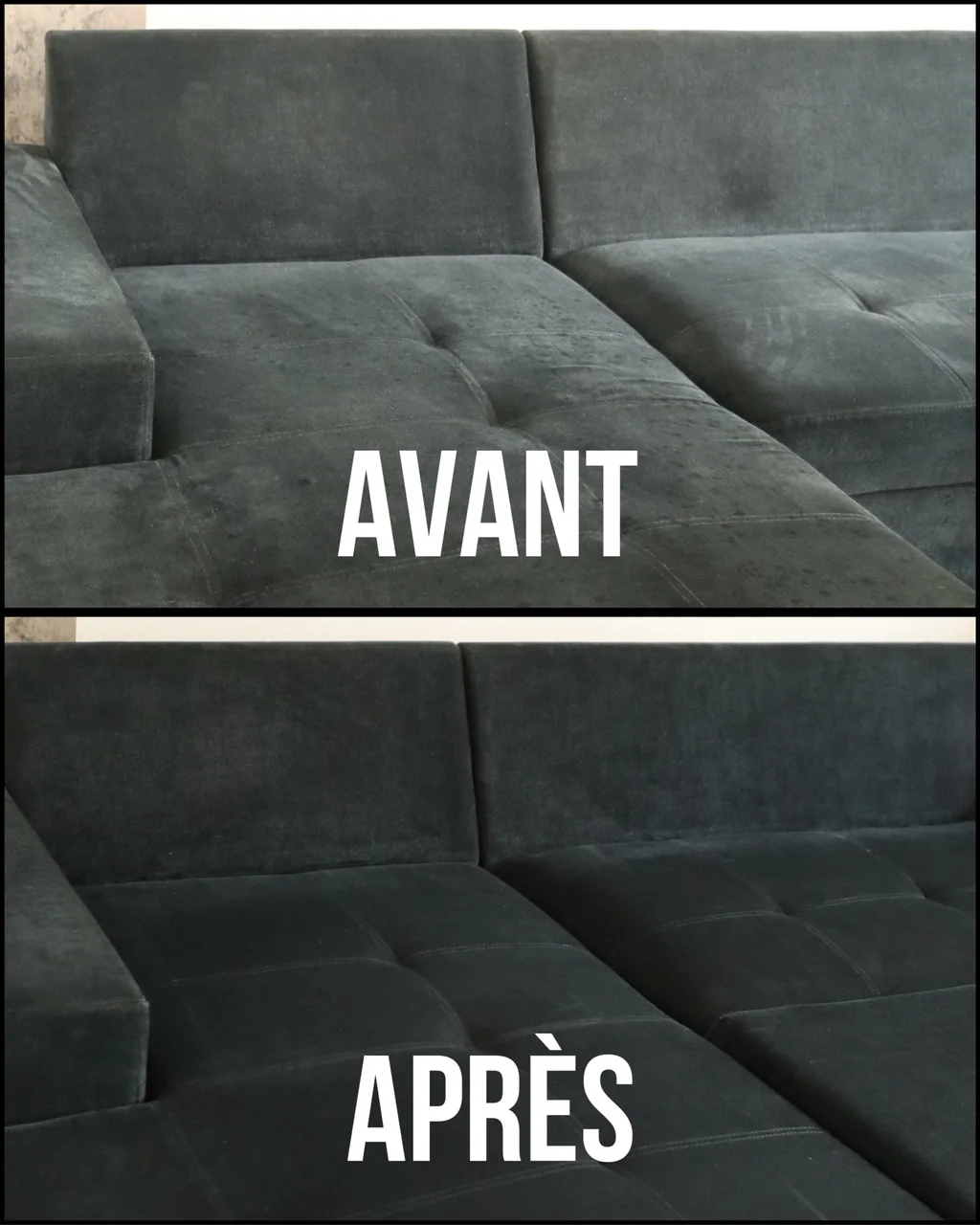 Canapé en tissu présenté avant et après son nettoyage