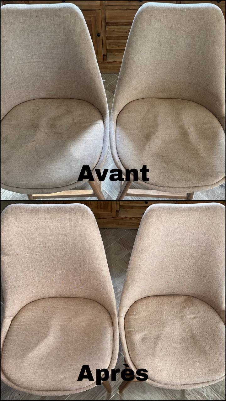 Deux fauteuils présentés avant et après leur nettoyage